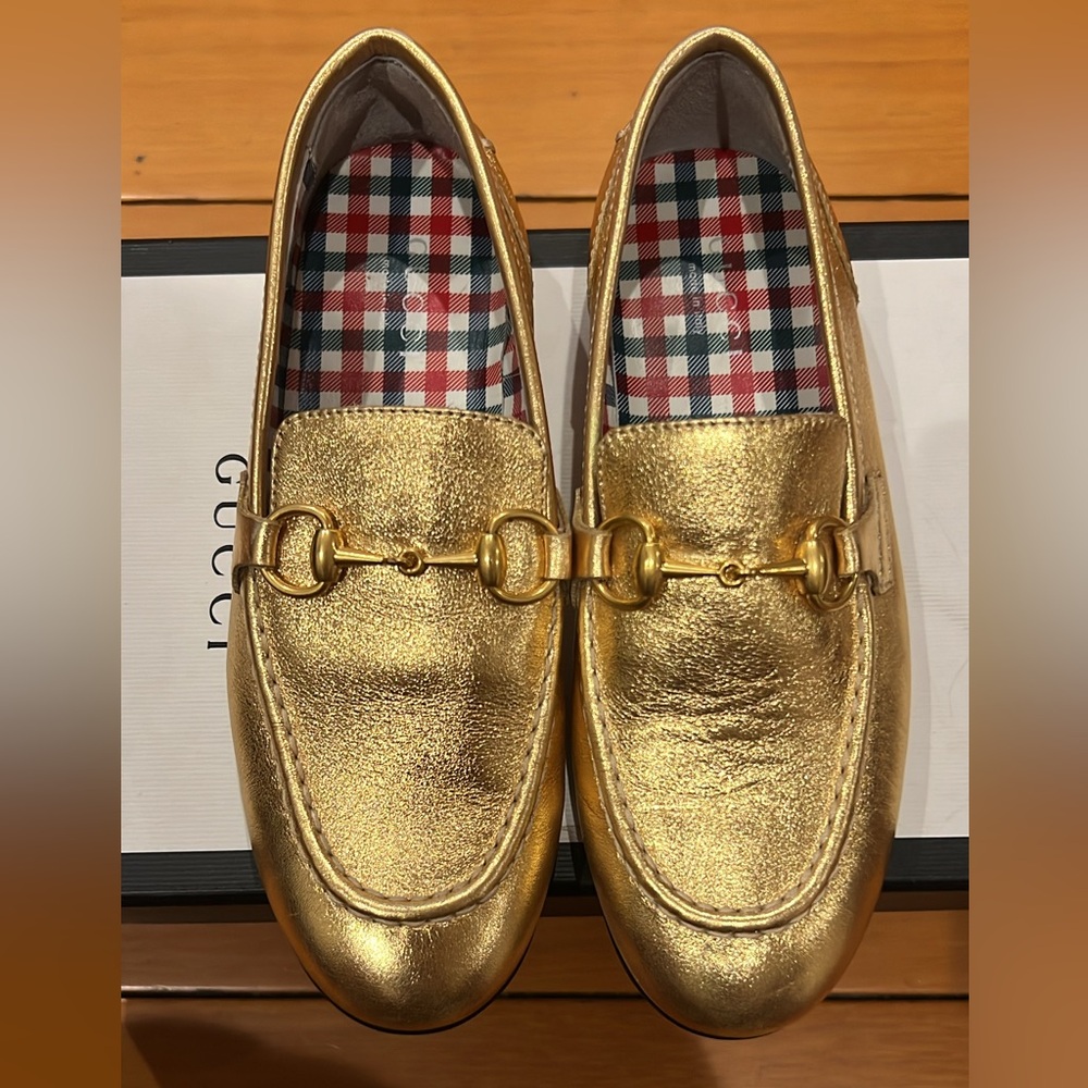 Gucci Gold Loafers with Checkered Insole